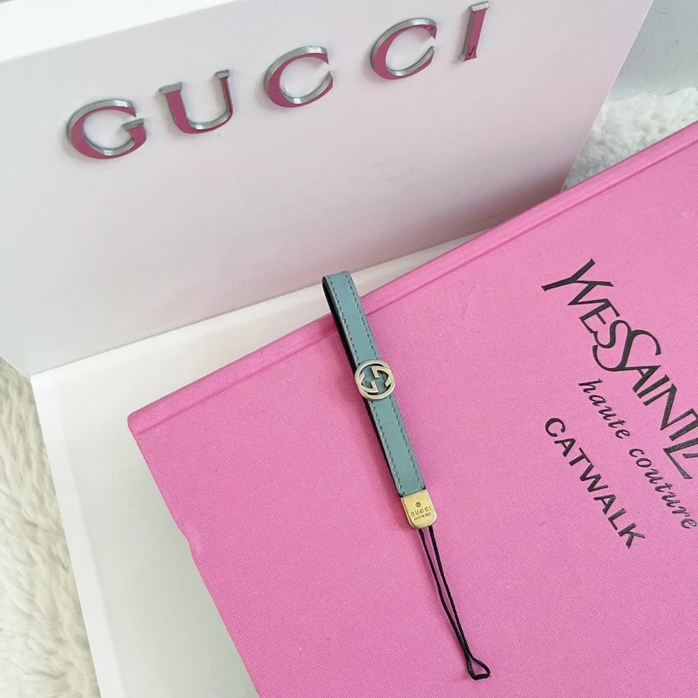 Authentic Gucci Tiffany Blue Patent Leather GG Logo Lanyard / Keychain